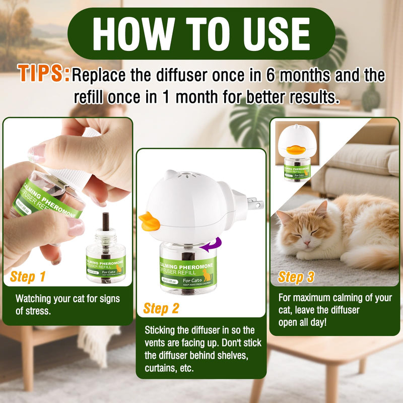 90-Day Cat Calming Diffuser - Cat Pheromone Diffuser for Stress, Pee Spraying, Cat Fighting, Aggression, Excessive Meowing & Scratching，Easy to Use – (1Diffusers + 3 Refills)