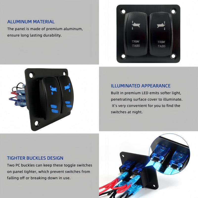 Trim Tabs Rocker Switch Panel 12V/20A 24V/10A 7 Pin DPDT 3 Position (ON)-Off-(ON) Boat Waterproof Trim Switch, 2 Gang Momentary/Latching Toggle Switch Panel for Marine Console (Momentary, Blue)
