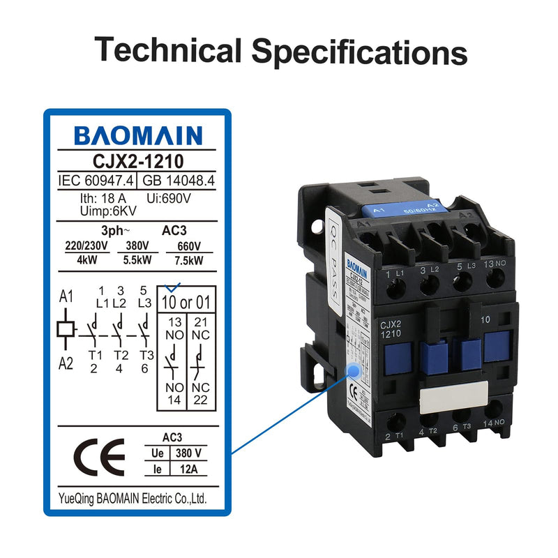 Baomain 3-Pole AC Contactor CJX2-1210 – 110VAC Coil, 3NO+1NO Auxiliary, 660V 3-Phase, DIN Rail Mount,for Motor Starters, Pumps, and Industrial Control Panels 1 AC 110V