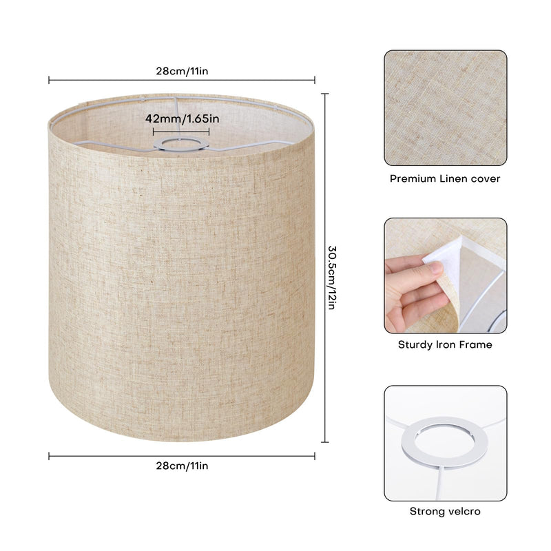 Beige Linen Tall Drum Lampshade, 11" Top x 11" Bottom x 12" High Lamp Shade, Lamp Shade Replacement for Table and Floor Lamps, Pendant Light，Handcrafted Lampshade，Easy Assembly