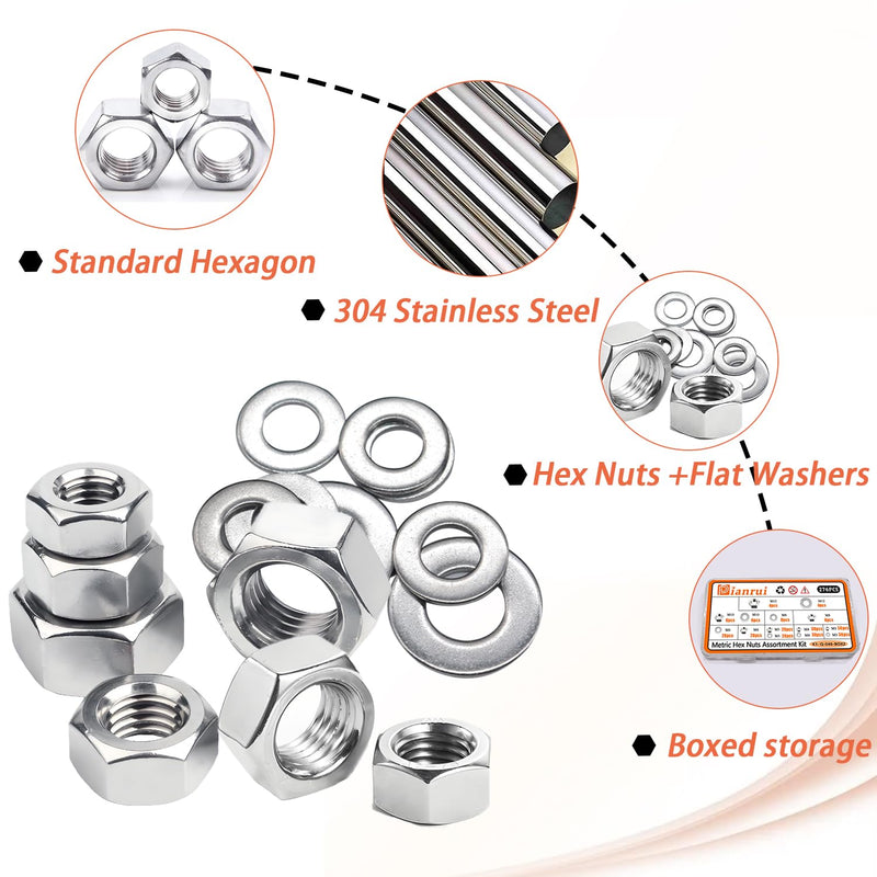 Dianrui 276PCS Metric Hex Nuts Assortment Kit with Flat Washers, 7 Size Nuts and Flat Washer Set (M3 M4 M5 M6 M8 M10 M12) 304 Stainless Steel Hardware Hex Nut for Screw Bolt 276PCS Metric Kit (M3—M12)