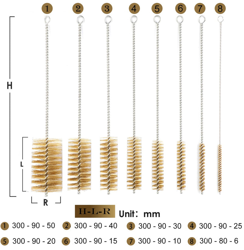 12 Inch Long Brass Tube Brushes for Pipe Cleaning Set with Brass Bristles, Tube Bottle Brush Kit, 8 Sizes for Auto Parts, Bottles, Guns, Tubes, Etc, Yellow, WMXX-BRASS-12
