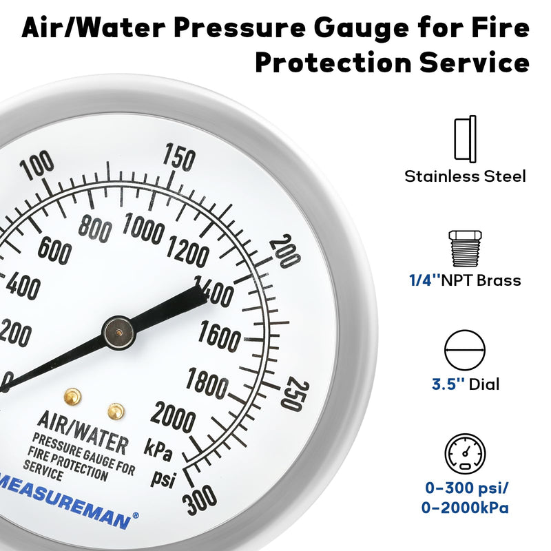 MEASUREMAN 3.5" Fire System Pressure Gauge Kit，0-300 PSI Dual Scale，1/4 NPT Lower Mount，Complete with 304 SS Pipe, 3-Way Valve and NPT Fittings，3%−2%−3% Accuracy 0-300psi&3-Way Valve&Pipe Fittings