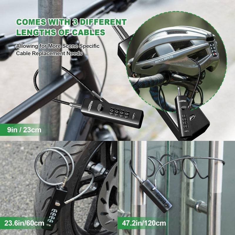 Cable Locks with Combination,Bicycle Lock, Suitcases Lock,Comes with 3 Different Lengths of Cables, Reconfigurable 4-Digit Password Lock,Zinc Alloy Reinforced Lock Body (Black) Black