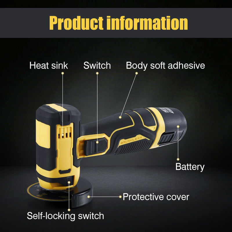 Mini Angle Grinder Kit,19500RMP Cordless Angle Grinding Tool with 2x2000mAh Batteries and 6PCS Discs,Brushless Power Grinder for Brick Wood Steel Stone