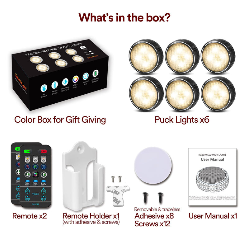 LED Puck Lights with Remote Control, Battery Operated Wireless Closet Lights, Under Cabinet Lighting Stick on Tap Push Lights, Color Changing Under Counter Lights for Kitchen, 6 Pack - Black