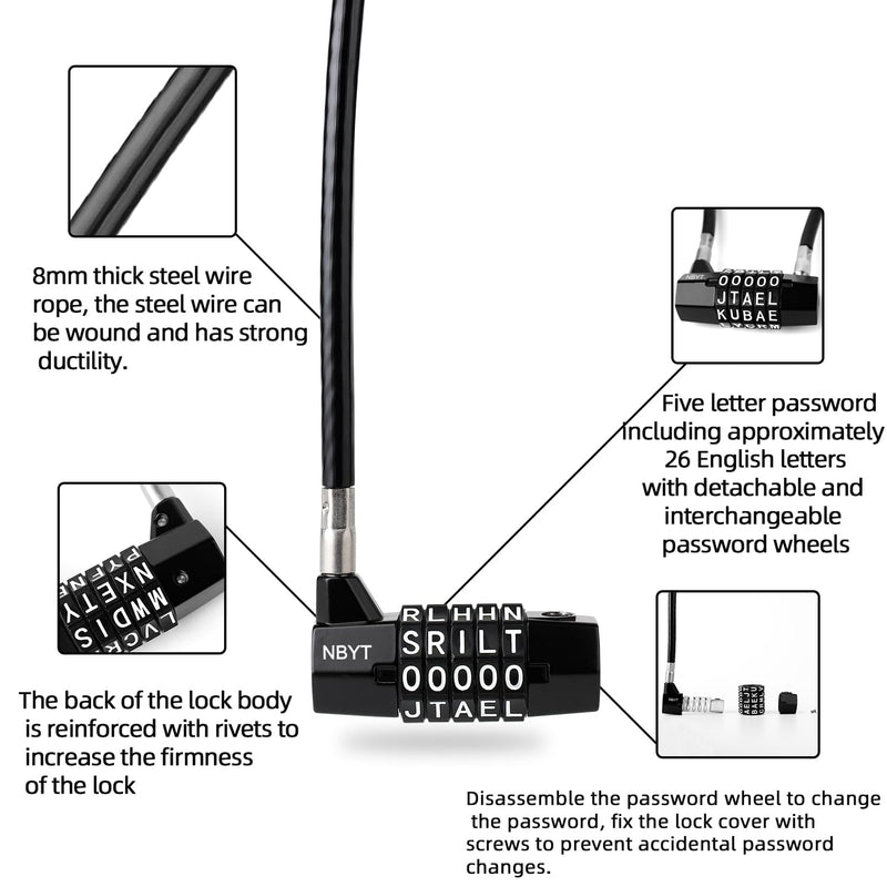 5-Word Resettable Combination Lock, Letter Lock- Home Security Padlock with 8mm Anti-Theft Cable for Garden Gates, Glass Doors, Pool, Refrigerator,Bikes, Gates, Storage (22''(Locking Span 11'')) 22''(Locking span 11'')