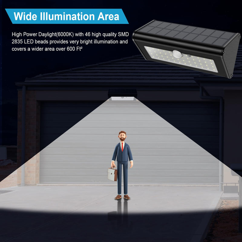 SECUROAD 1100 Lumens Solar Motion Sensor Lights Outdoor, IP65 Waterproof, 4500mAh Battery, Black Aluminum Metal Security Flood Wall Lights, 1 Pack, Daylight Black Aluminum Daylight