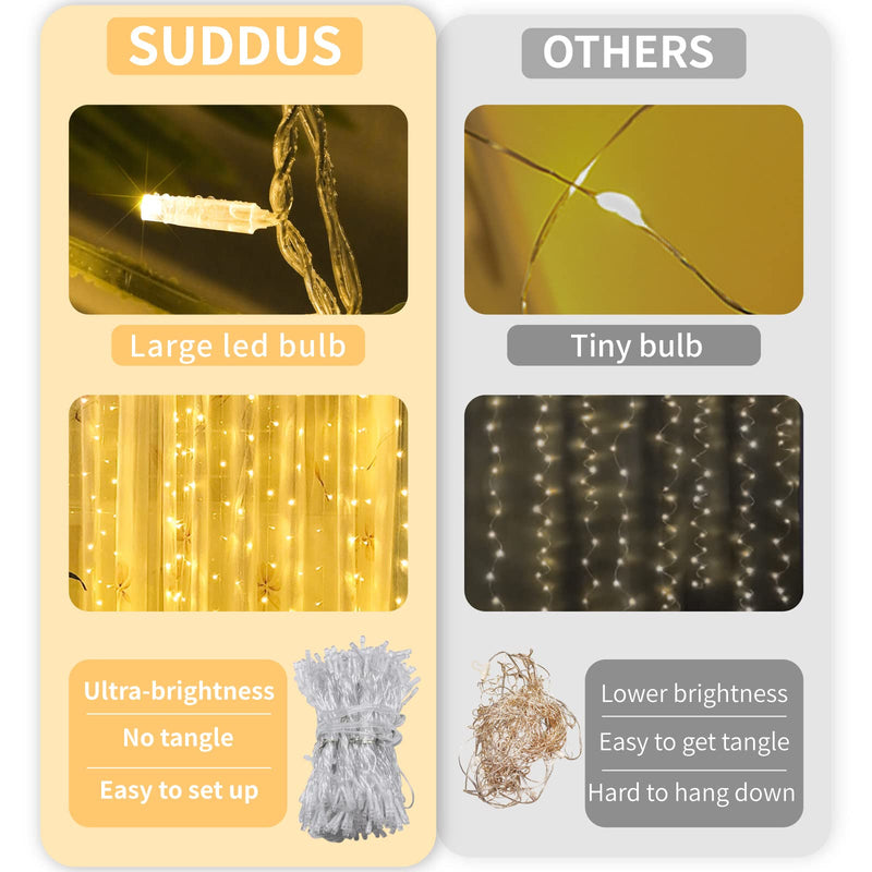 suddus Curtain Lights for Bedroom, 200 Led Hanging String Lights Outdoor, Fairy Curtain Lights Indoor for Christmas, Dorm, Wall, Backdrop, Window, Wedding, Party, Brithday Decor, Warm White USB-200 LED
