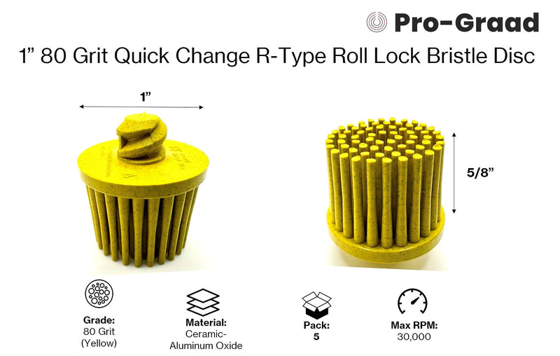 5 Pack 1" 80 Grit Yellow R-Type Bristle Disc | Ceramic-Aluminum Oxide Abrasive Bristle Disc with Quick Change Roll Lock | Compatible with Roloc Holders | Pack of 5 | Yellow 1" 80 Grit (Yellow) 5.0