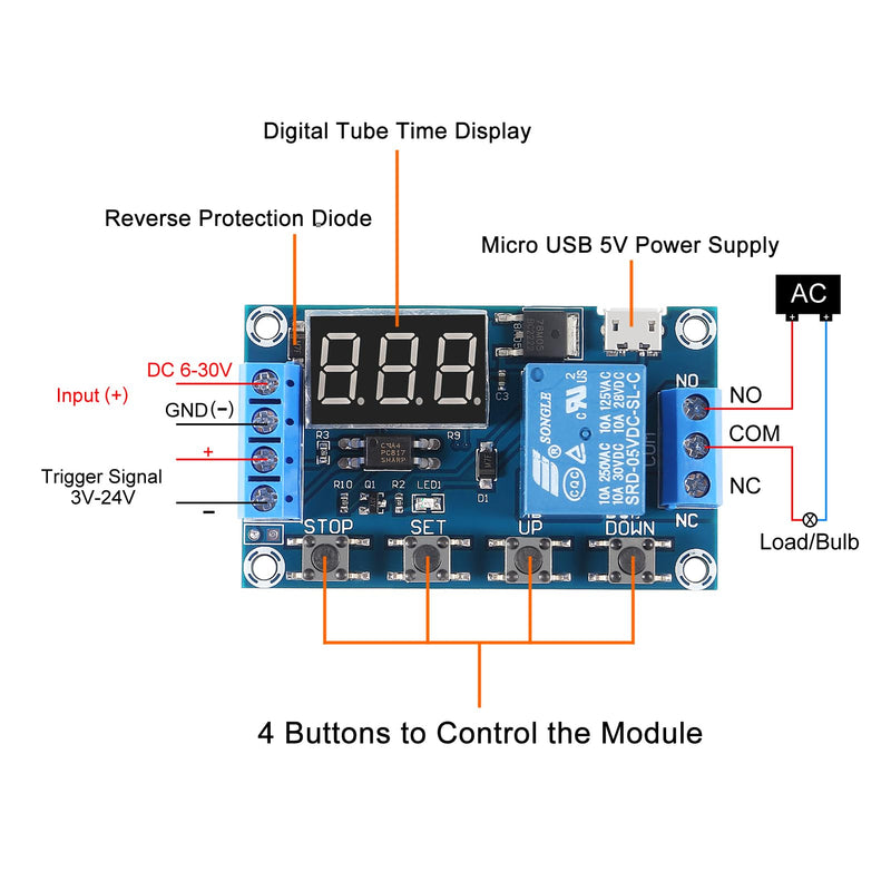 4pcs DC 6-30V Timer Relay Programmable Delay Relay Module Cycle Timer with LCD Display / 5V Micro USB, Smart Home Controller (Micro)