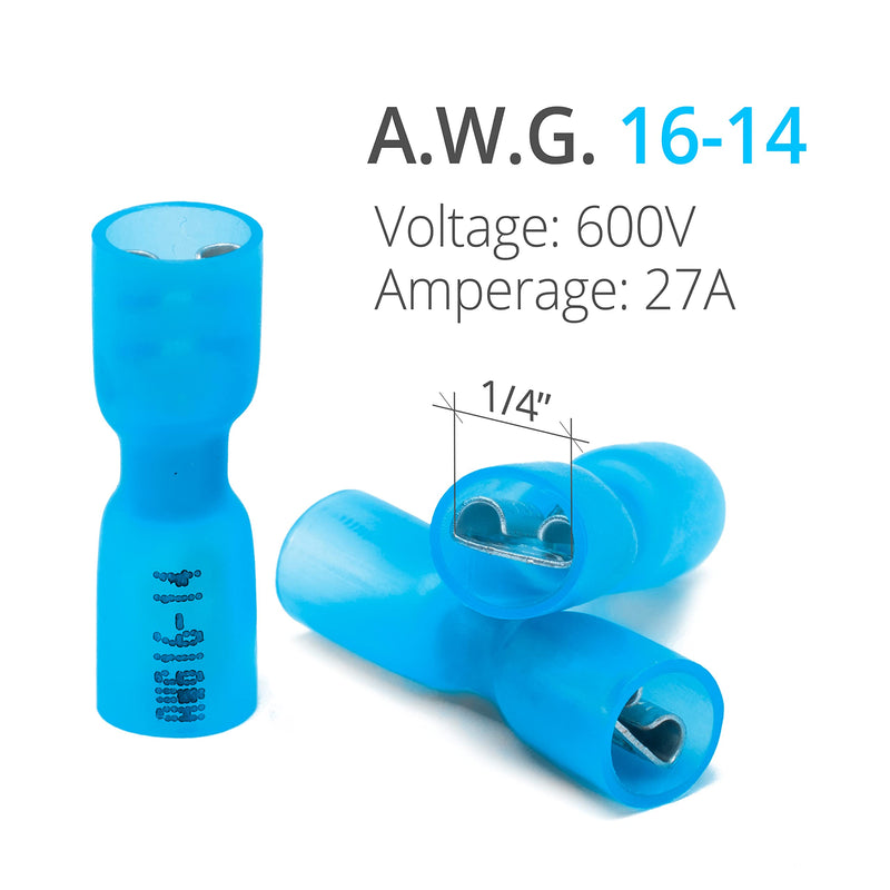 Wirefy 150 PCS Wire Spade Connectors - Female Spade Connector Heat Shrink - Quick Disconnect Wire Connectors - Electrical Spade Terminals - Female Spade Connector 16-14 Gauge | Blue Spade Connectors