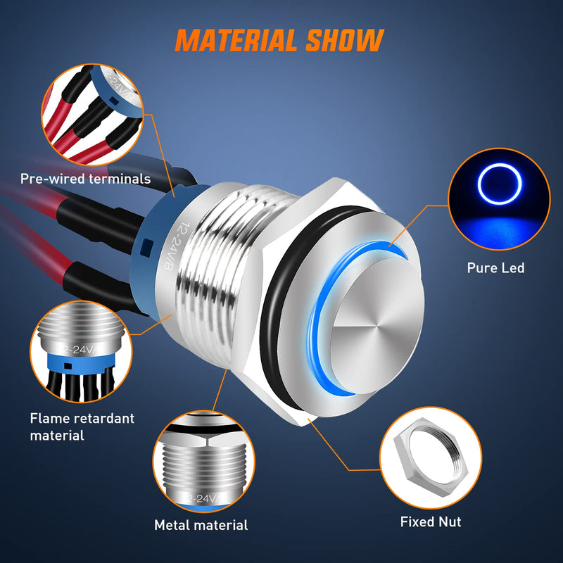 Nilight 12mm Push Button Switch 5PCS with Pre Wired Harness 12V 24V Stainless Steel Self Locking Latching LED Round Switches SPDT 4Pin Waterproof Metal Switch for Boats Cars Truck 5Pcs 12mm Switch
