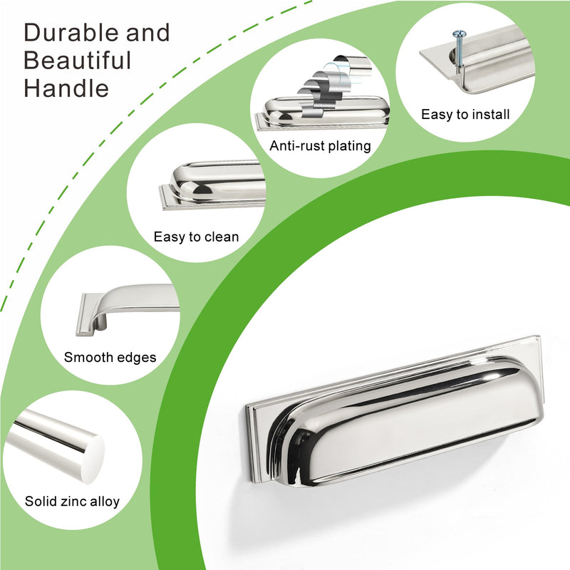 SAILING 10 Pack Cabinet Cup Handle- 5"/128mm Polished Nickel Cabinet Cup Pulls Cabinet Handles Kitchen Hardware Bathroom Living Room Drawer pulls 5" Hole Center - 10 Pcs