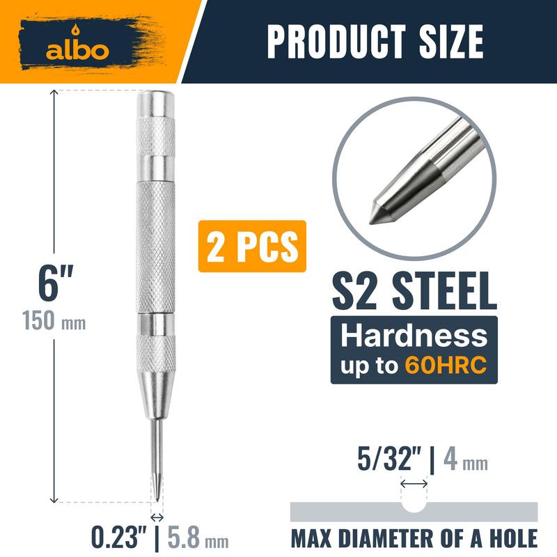 ALBO Spring Loaded Center Punch Tool – 6 Inch Automatic Punch for Metal, Wood, Steel – Heavy Duty Drill Punch – Durable Galvanized Coating, Precision Tip for DIY, Workshop & Professional Use (2pcs) 6'' pack of 2