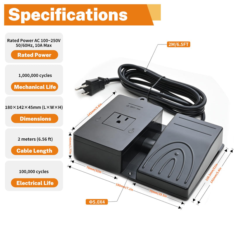 iKKEGOL Foot Pedal Power Switch Outlet, Self-Locking ON/Off Toggle Socket, 6.5ft Cable with 3-Prong Plug, 250V 10A, Hands-Free Operation for Tools, Machines, Woodworking, Workshop Use