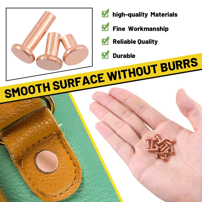 270Pcs Flat Head Copper Solid Rivets Kit, M2 M2.5 M3 Solid Copper Rivets Fasteners, Flat Head Rivets Solid Copper Rivets for Electrical Applications, Leather Working Supplies