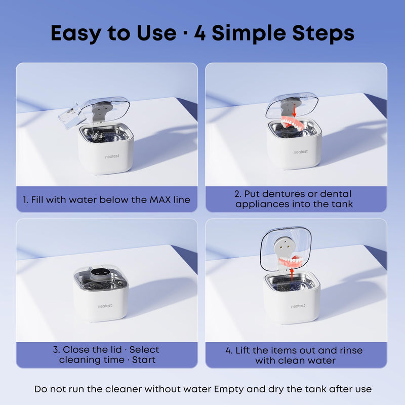 NEATEST Ultrasonic Retainer Cleaner Machine, 45kHz Ultrasonic Denture Cleaner, 350ML Stainless Steel Dental Cleaning Pod, 5 Timer Modes for Retainers, Aligners, Mouth Guards, Braces, Night Guards