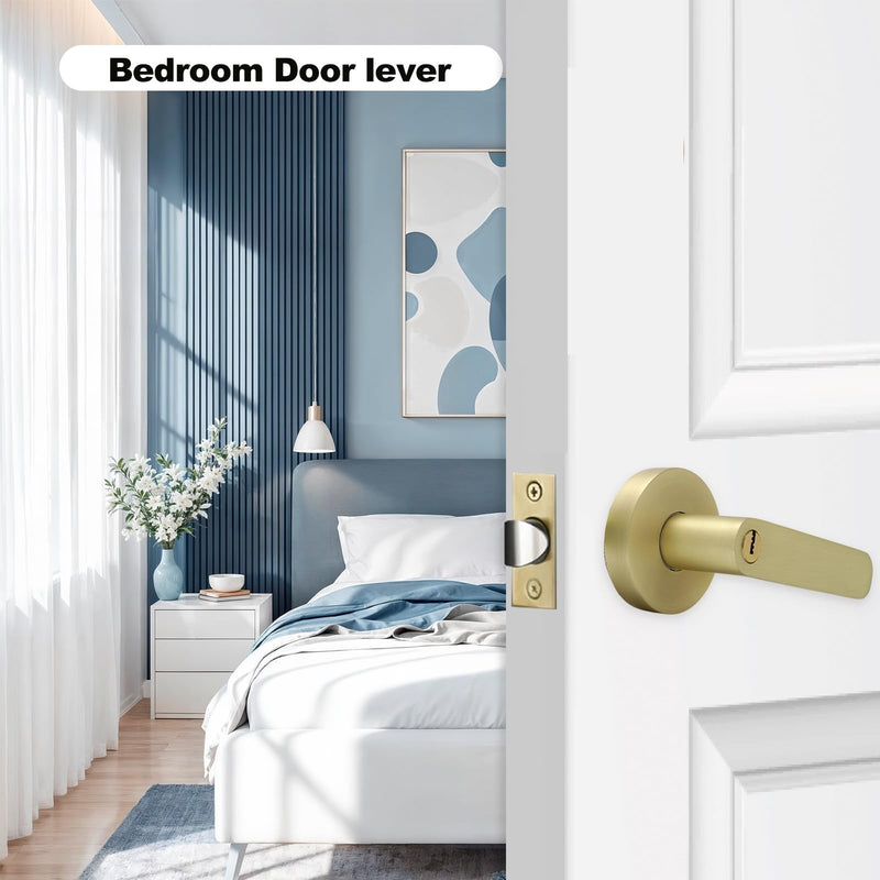 Brushed Gold Interior Handle with 3 Keys, Interior Gold Privacy Lever for Bedroom & Bathroom, Reversible Left/Right, Easy 5–10 Min DIY Installation, Heavy-Duty Build, 1 Pack