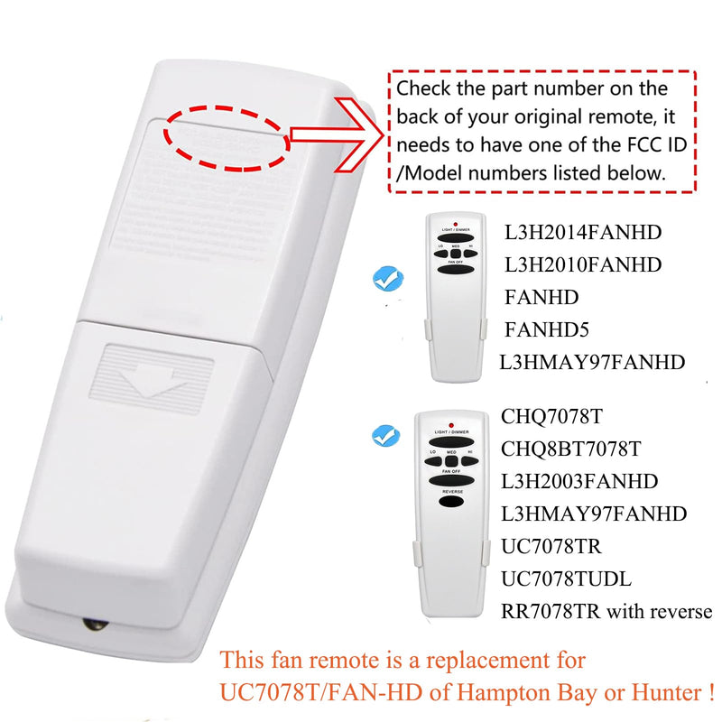 UC7078T Ceiling Fan Remote Control Replacement of Hampton Bay UC7078T Fan-HD CHQ7078T UC7078TR UC7078TUDL RR7078TR L3H2003FANHD, with Reverse, (2.16 * 1.18 * 5.6, White) Transmitter Reverse