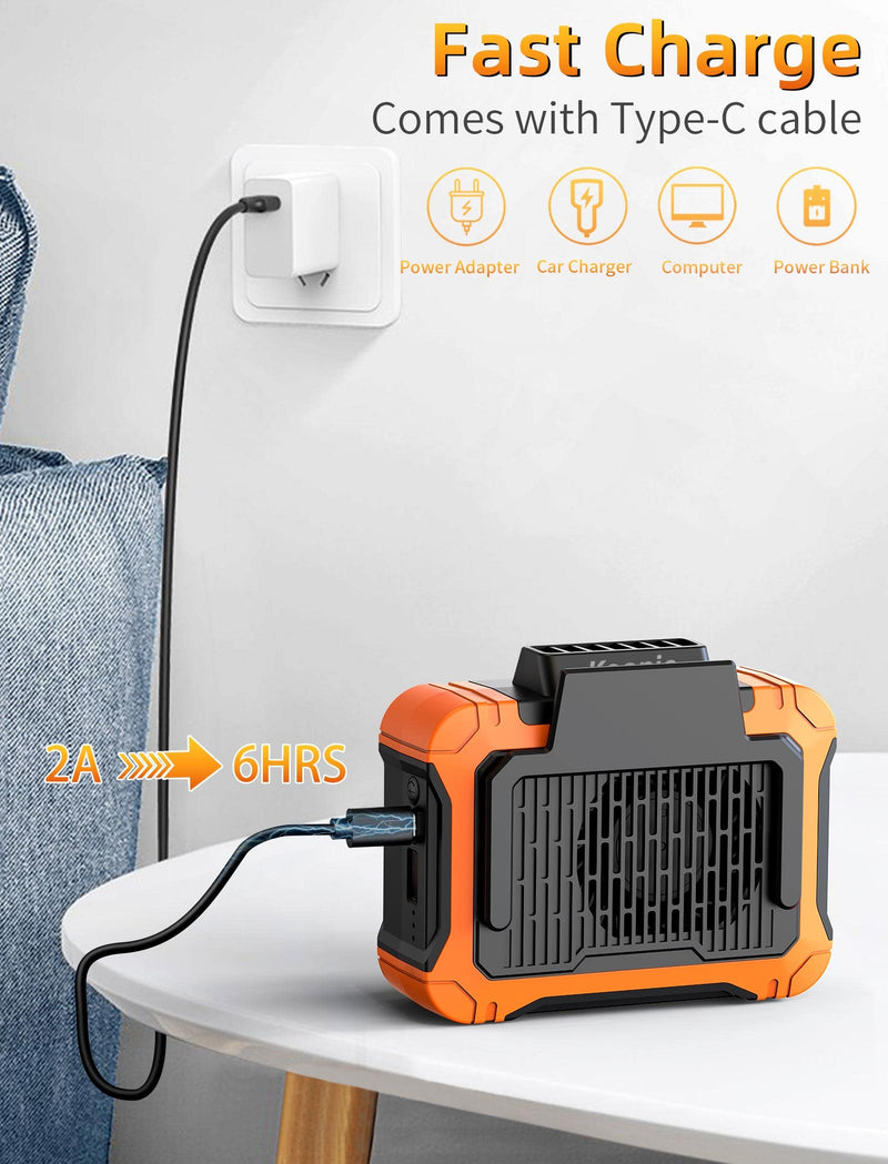 Koonie 10000mAh Waist Clip Fan with Solar Panel, 30H Working Time, Personal LED Light, Battery Powered Belt Fan, Strong Airflow, 3 Speeds, Body for Outdoor, Working, Camping, Hiking Orange-10000mAh