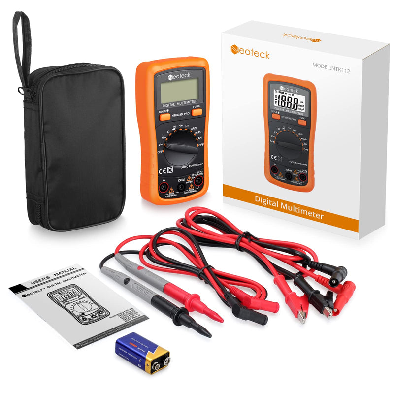 Neoteck Auto Ranging Digital Multimeter AC/DC Voltage Current Ohm Capacitance Frequency Diode Transistor Audible Continuity, Multi Tester with Backlit LCD Orange