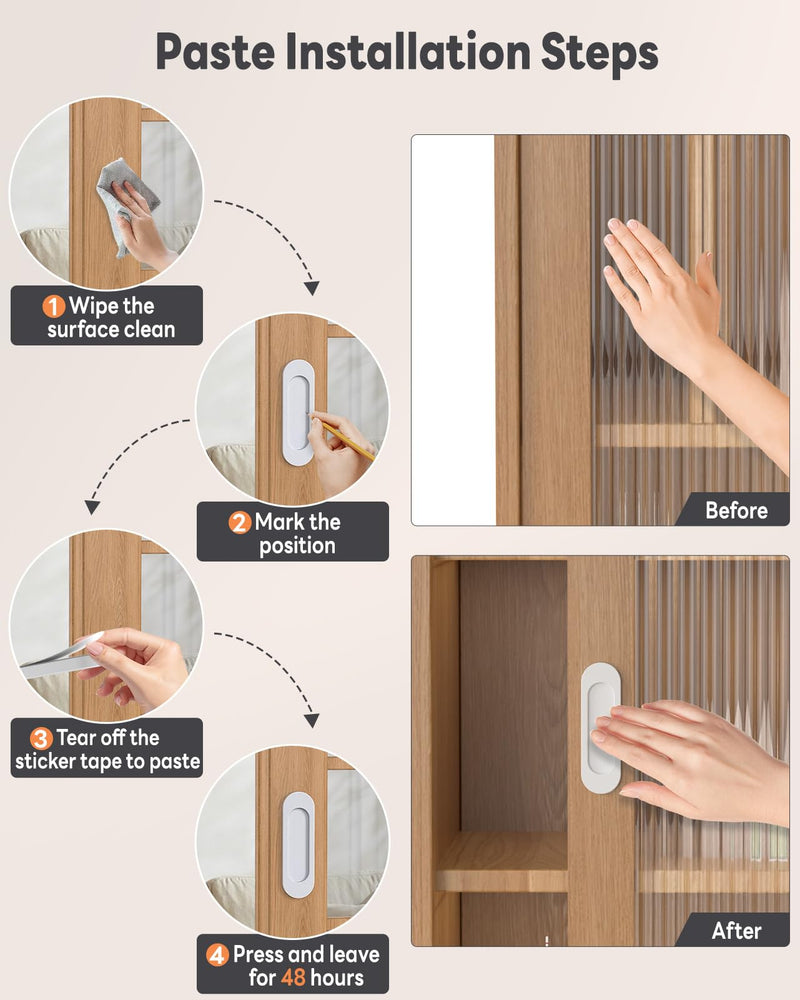 8 Pack Self-Stick Door Handles, 4 Inch Aluminum Alloy Self Adhesive Flat Finger Pulls, No Drill Cabinet Knobs for Drawer, Sliding Glass/Barn/Closet/Balcony Doors (8, White) 8