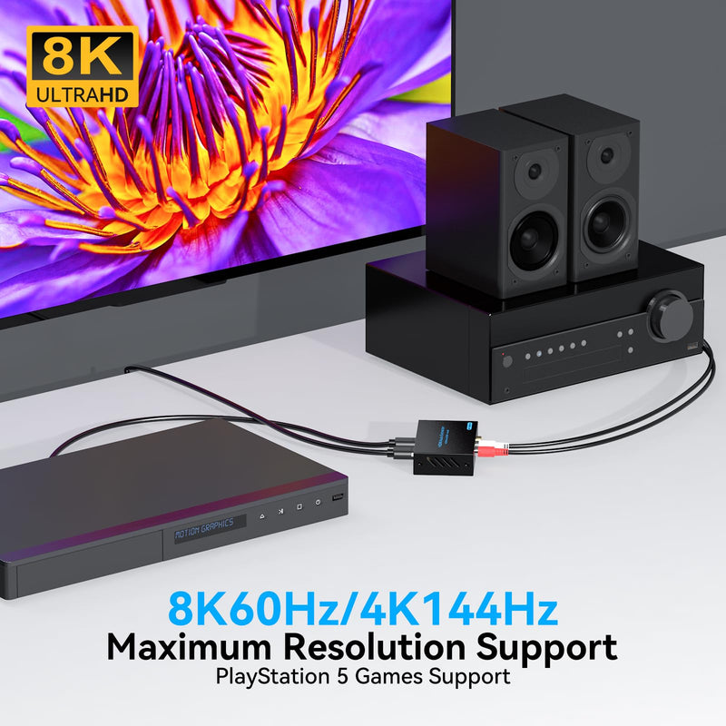 8K 60Hz HDMI Audio Extractor 4K 120Hz HDMI to Optical Coaxial AUX Converter Supports HDCP Digital DTS 5.1 EDID Management PCM 2.0 for Fire TV PS4 PS5 Xbox