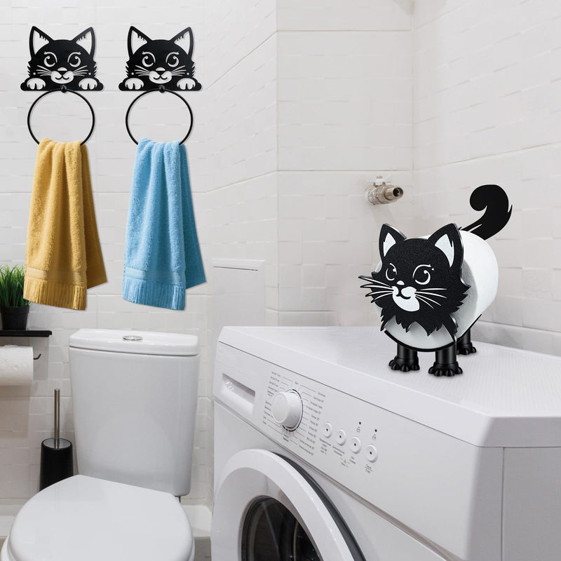 3 PACK Cat Toilet Roll Holder And Cat Metal Towel Ring 3D Printed Black Cat Paper Towel Holder Cat Bathroom Decor Funny Toilet Paper Holder Cat Bathroom Set of 3 Christmas Thanksgiving Gifts for Women