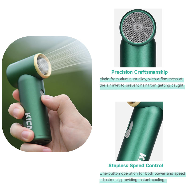 Kica Jetfan Mini-Handheld Portable Turbo Fan,Rechargeable Personal Fan,Stepless Speed Control,13Hrs Long-Lasting,Pocket-Sized Small Lightweight Jet fan for Travel/Outdoors Cooling,Green