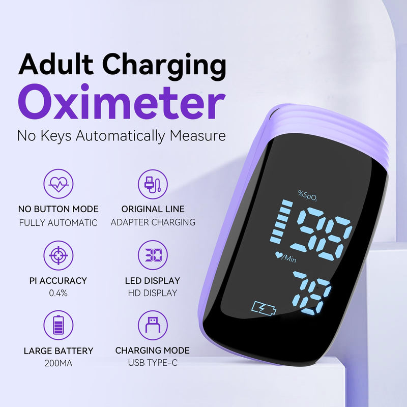 Fingertip Pulse Oximeter, Rechargeable Pulse Oximeter, High Definition Oxygen Monitor Fingertip, Fast and Accurate Oxymeter Includes Bag Lanyard (Purple)