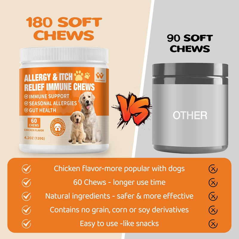 Dog Allergy Relief Chews - Advanced Dog Allergy Chews - Dоg Itching Skin Relief Treatment Pills with Probiotics - Immune Support & Skin Relief for Coat, Seasonal Allergies - 60 Treats Chicken 60 Count (Pack of 1)