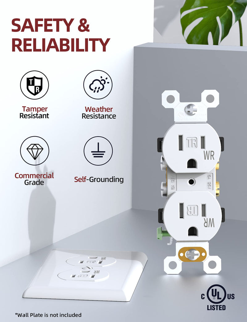AIDA 15 Amps Outlets Duplex Electrical Receptacle Outlets,Weather Resistance & Tamper Resistant Electrical Receptacle, Wall Outlet,2 Pole,3-Wire, Self-Grounding, NEMA 5-15R,UL Listed 10 Pack, White Without Wall Plate