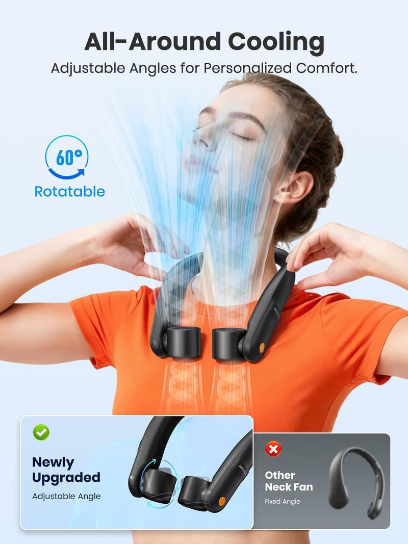 Warmco Portable Neck Fan Rechargeable, 5200mAh Battery Operated Hands‑Free Wearable Fan, 360° Cooling, 3 Speeds Personal Fan for Travel, Outdoor, Home, Office, Gifts for Men & Women