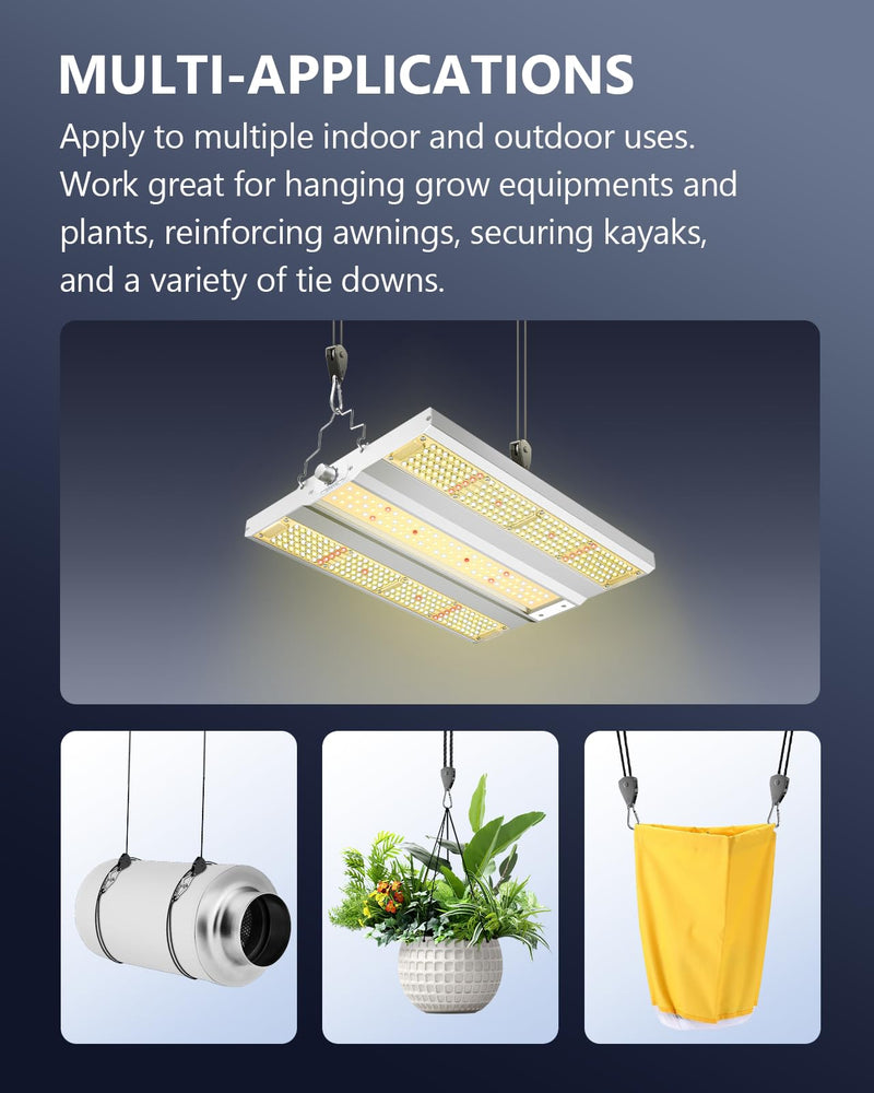 VIPARSPECTRA Retractable Heavy Duty Ratchet Tie Down Straps [4 Pack, 8ft, 75lbs/Pack], Rope Pulley System with Carabiner Hook for Hanging Plants/Grow Light/Tents Various Tie-Down Uses 1/8" 4-Pack