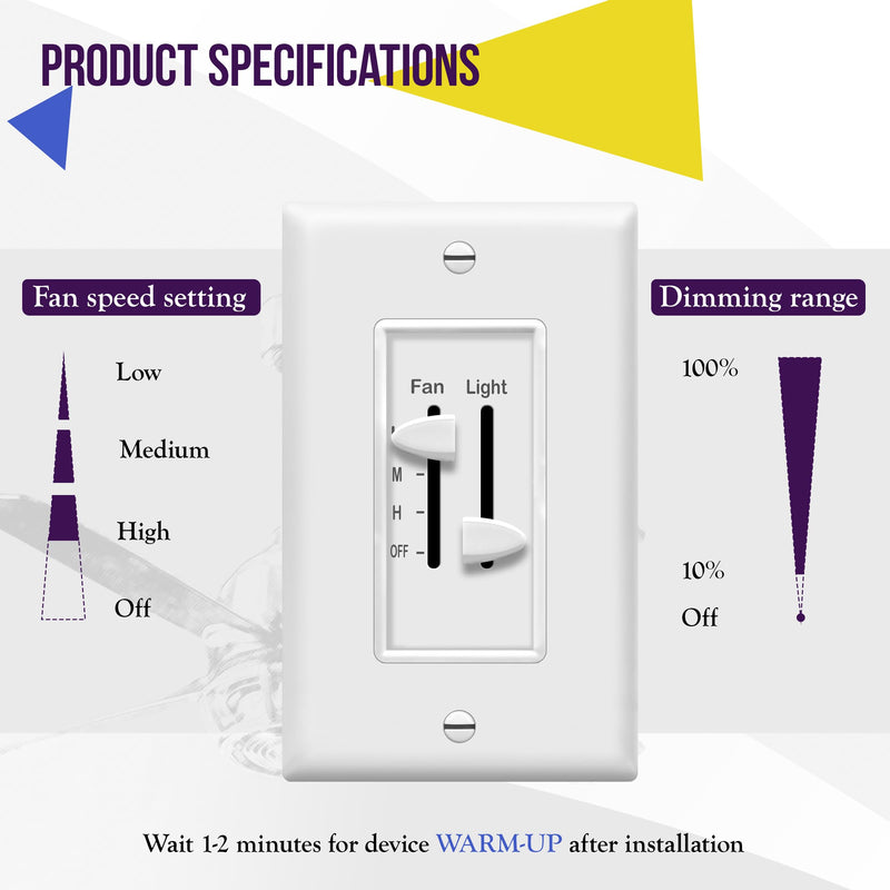 ENERLITES 3 Speed Ceiling Fan Control and LED Dimmer Light Switch, 2.5A Single Pole Light Fan Switch, 300W Incandescent Load, No Neutral Wire Required, 17001-F3-W, White 1 PACK