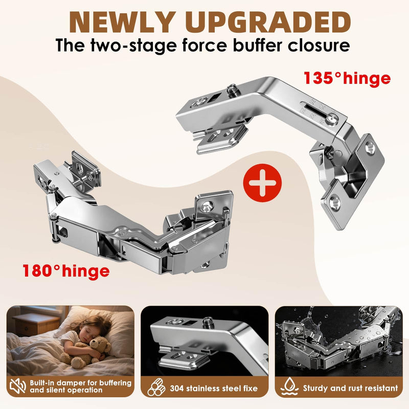Corner Cabinet Hinge Set 180° & 135° Soft Close, 2x180° + 2x135° Inset Hinges for Lazy Susan Bi-Folding Kitchen Cupboard Door Hardware 2 set