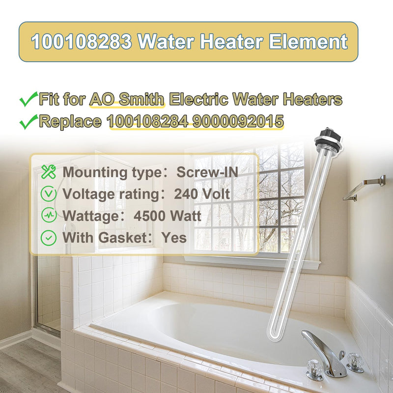 Upgraded 100108283 Water Heater Element, For AO Smith Electric Water Heaters, 4500W 240V Screw-In, Replace 100108284 9000092015 9000092045 Heating Element, With New Gasket，2 pack 2 pack