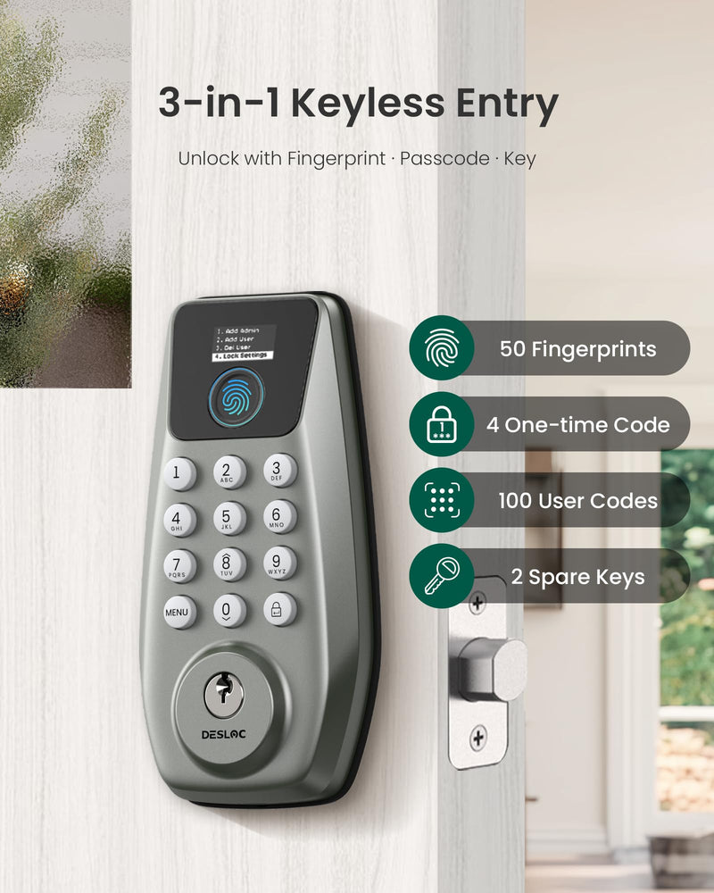 DESLOC C110 Smart Lock with LockVue Display, 3-in-1 Keyless Entry Door Lock with Fingerprint, Passcode & Key, BHMA Certified Deadbolt, Auto Lock, 12-Month Battery for Home, Apartment & Airbnb, Nickel Deadbolts