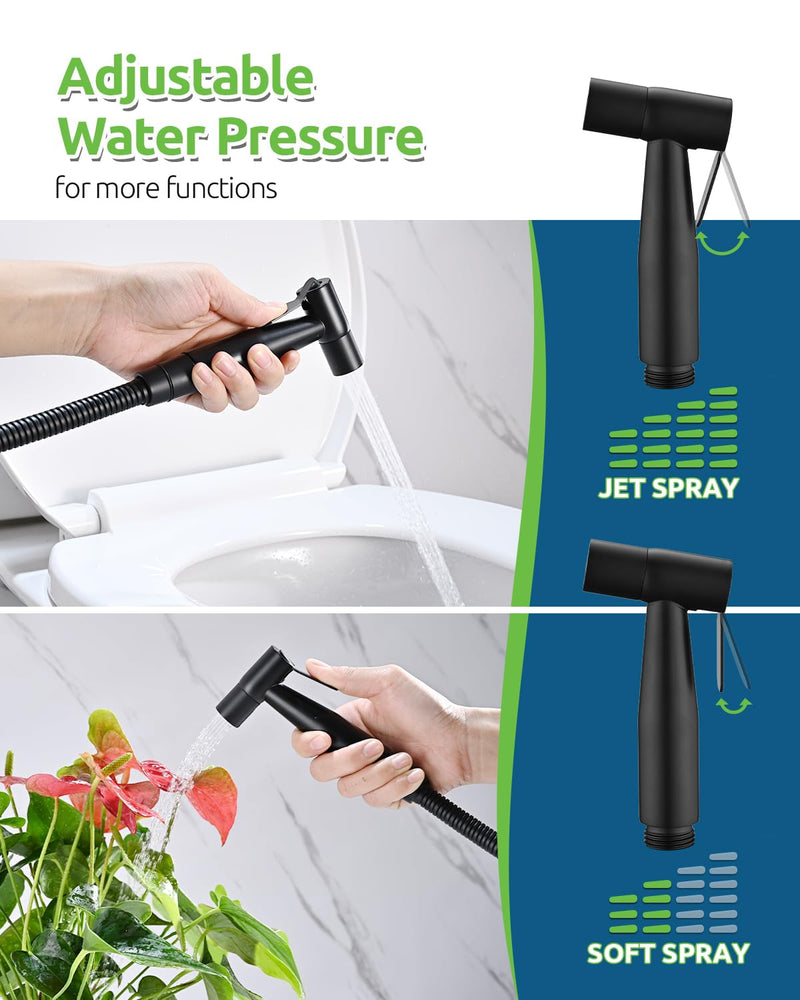 Black Bidet Sprayer for Toilet, Muslim Shower Handheld Jet Sprayer Adjustable Water Flow with Bidet Hose for Feminine Wash, Black Bidet Faucet Cloth Diaper for Baby Wash, Wall/Toilet Mount 1 SET Matte Black