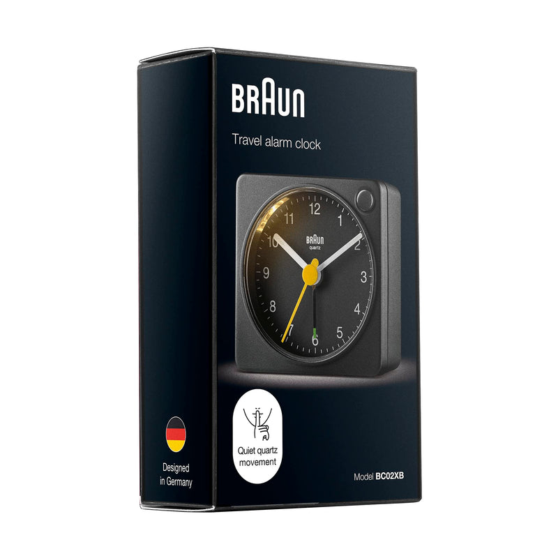 Braun Classic Travel Analogue Alarm Clock with Snooze and Light, Compact Size, Quiet Quartz Movement, Crescendo Beep Alarm in Black, Model BC02XB. 1 Pack