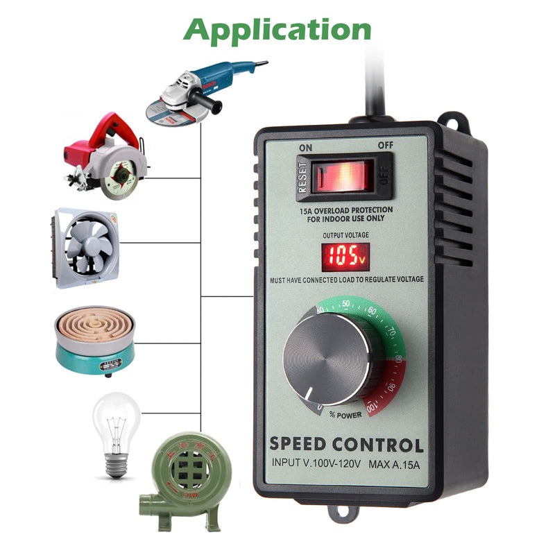 AC Motor Speed Controller 110-120V / 15A Max, Variable Fan Speed Controller AC Electronic Voltage Regulator with Overload Protection Switch & Voltage LED Display Screen Plastic