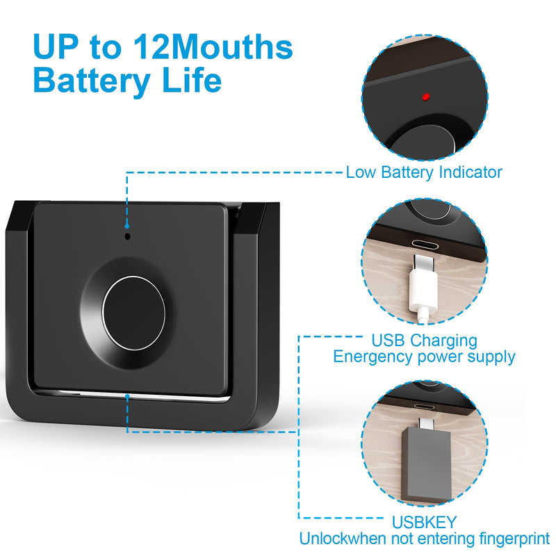 Handle-Style Fingerprint Cabinet Lock, Smart Biometric, Matte Black, Waterproof F053