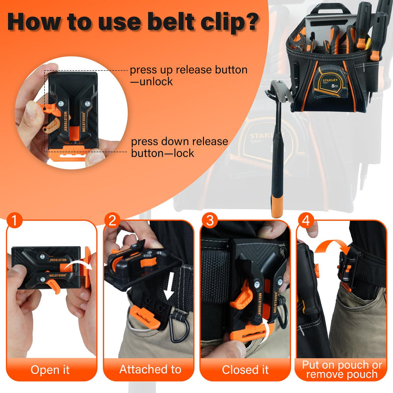 MELOTOUGH Belt Clip Tool Pouch Tool Belt Pouches Utility Tool Organizer Pouch with Hammer Holder for Electrician,Carpenter,Construction,Technician Orange Tool Pouch