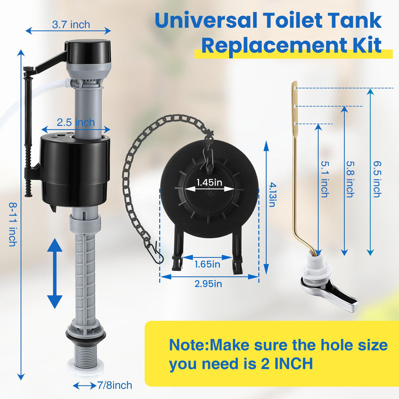 Saillong Universal Toilet Tank Replacement Kit, Include Toilet Fill Valve, 2 Inch Low Flow Toilet Rubber Flapper, Side Mount Toilet Flush Brass Handle(Dark Grey, Black,1 Set) Dark Grey, Black 1