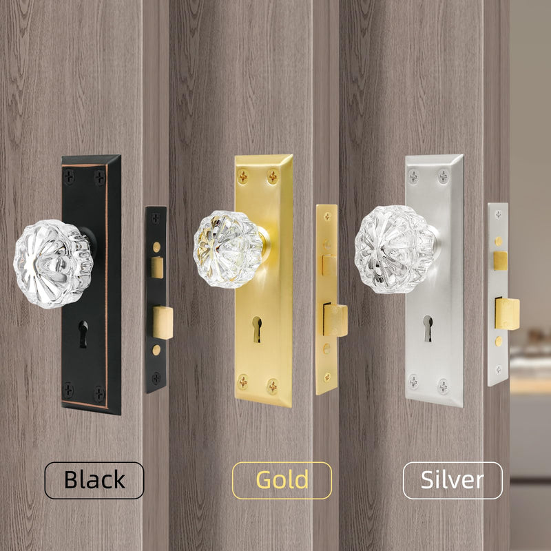 Mortise Lock Set with Crystal Glass Door Knobs for Interior Door Mortise Keyed Lock Replacement for Old Broken Door Knobs (Gold) Gold
