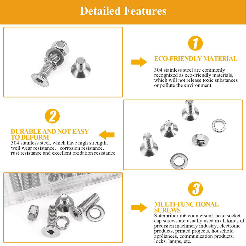 150 Pieces M6 Screws Nuts Washers Set, Sutemribor M6 x 8/10/12/16/20/25/30mm Countersunk Head Socket Cap Screws Nuts Washers Assortment Kit, 304 Stainless Steel, Fully Threaded
