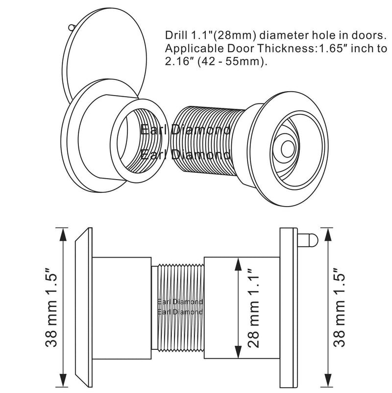 Earl Diamond - Solid Brass Door Viewer Peephole, 220-Degree Security Peephole with Heavy Duty Rotating Privacy Cover for 1-21/32" to 2-1/8" Doors for Home Office Hotel - Oil Rubbed Bronze Finish Brushed Oil Rubbed Bronze