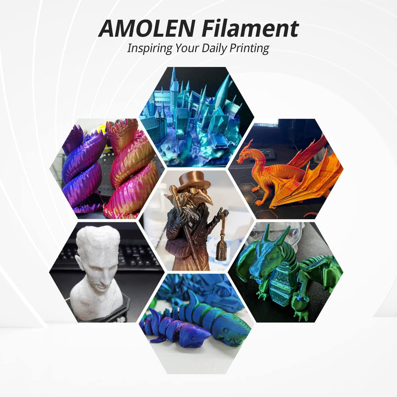 AMOLEN Silk 3D Printer Filament Bundle, PLA Filament 1.75mm Pack, Shiny 3D Printing Filament, 200g X 8