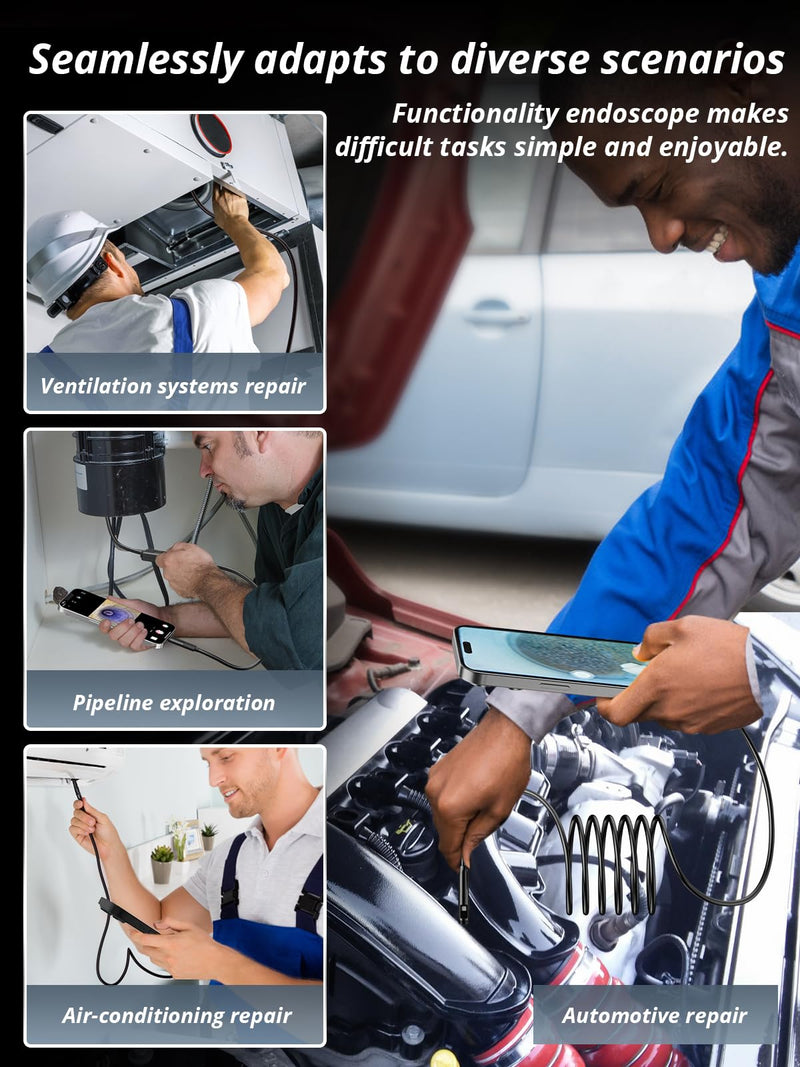Endoscope Camera with Light, Dual-Lens 1920P HD Borescope with 8 Adjustable LED Lights, IP67 Waterproof Boroscope Inspection Camera Tools, 16.4ft Semi-Rigid Snake Camera for iOS & Android 16.4FT Snake Camera